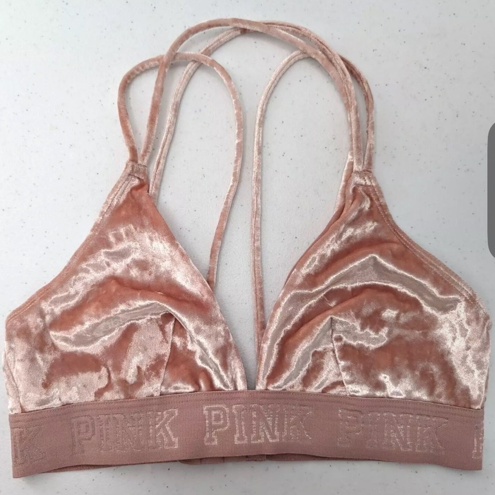 Victorias Secret PINK Rose Unlined Bra M Velour Strappy Bralette Velvet Coquette